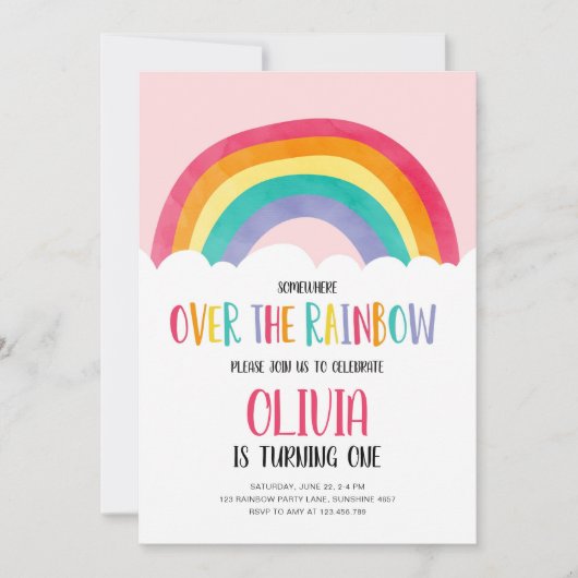 Over de Rainbow Pink Girl verjaardagsuitnodiging Kaart (Voorkant)