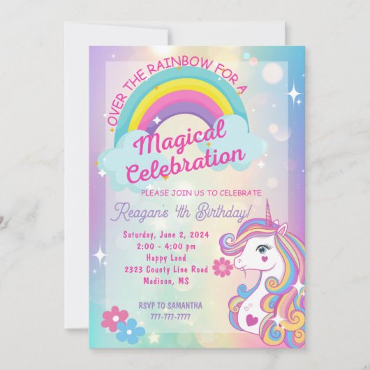 Over de Rainbow Unicorn Verjaardag uitnodiging (Voorkant)