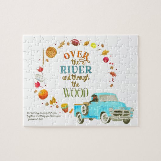 Over de rivier en door de Thanksgiving van hout Legpuzzel (Horizontaal)