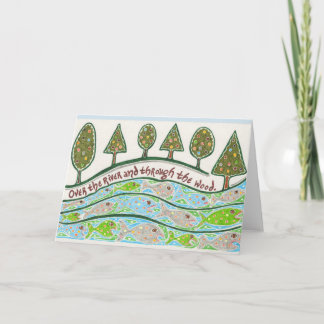 Over de rivier en door houten notecard feestdagen kaart