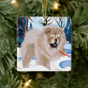 OVER DE RIVIER Kaneelkleurige reu Chow 2023 Kerstb Keramisch Ornament