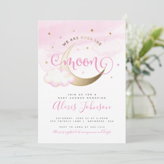 Over de uitnodiging voor het Baby shower Moon (Staand voorkant)