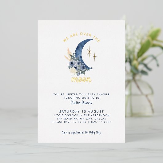 Over de uitnodiging voor het Baby shower Moon (Staand Voorkant)