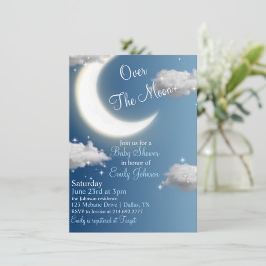 Over de uitnodiging voor het Baby shower Moon (Staand voorkant)