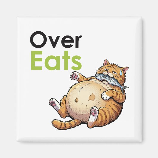 Over Eats - Funny Fat Cat Eating Fish Cartoon Magneet (Voorkant)