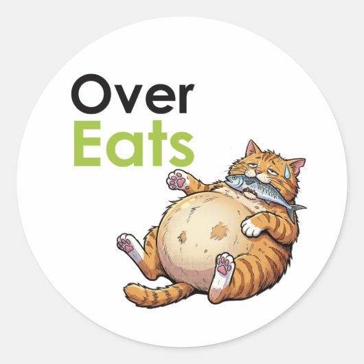 Over Eats - Funny Fat Cat Eating Fish Cartoon Ronde Sticker (Voorkant)