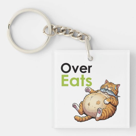 Over Eats - Funny Fat Cat Eating Fish Cartoon Sleutelhanger (voorkant)