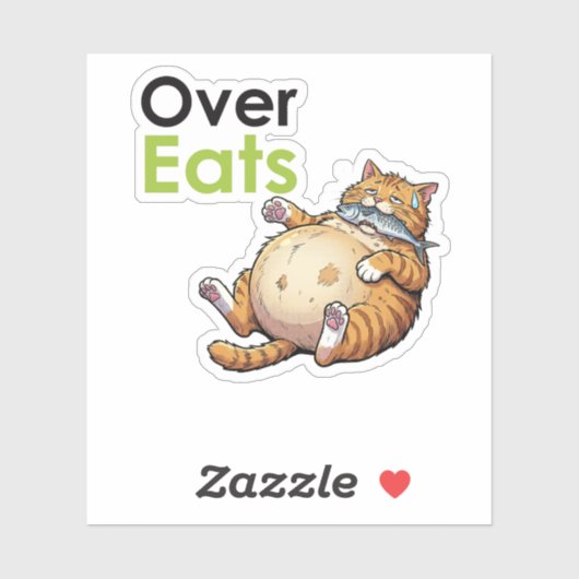 Over Eats - Funny Fat Cat Eating Fish Cartoon Sticker (Vel)