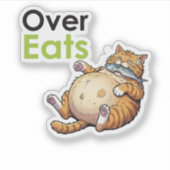 Over Eats - Funny Fat Cat Eating Fish Cartoon Sticker (Voorkant)