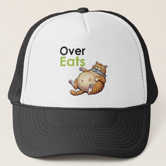 Over Eats - Funny Fat Cat Eating Fish Cartoon Trucker Pet (Voorkant)