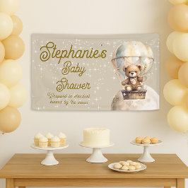 Over geslacht neutrale babyshower met maan teddybe spandoek