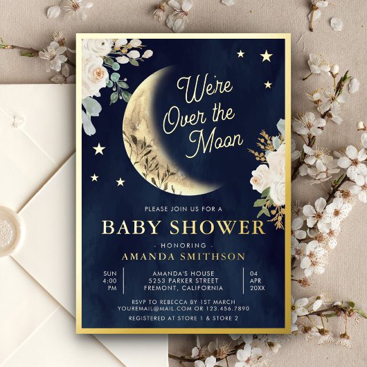 Over het Baby shower goud van de Moon Ivory Floral Folie Uitnodiging