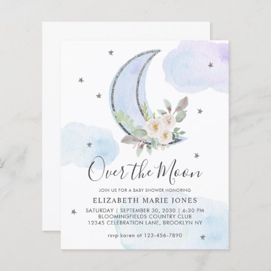 Over het Baby shower Moon Blue Silver Floral Boy (Voorkant / Achterkant)