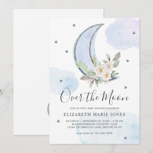 Over het Baby shower Moon Blue Silver Floral Boy Kaart (Voorkant / Achterkant)