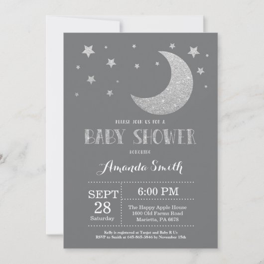 Over het Baby shower Moon nodigt Silver Glitter ui Kaart (Voorkant)
