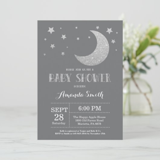 Over het Baby shower Moon nodigt Silver Glitter ui Kaart (Staand voorkant)