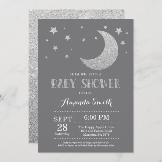 Over het Baby shower Moon nodigt Silver Glitter ui Kaart (Voorkant / Achterkant)