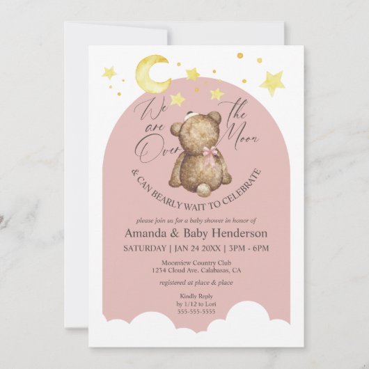 Over het Baby shower Moon Pink Girl Teddy Bear Kaart (Voorkant)