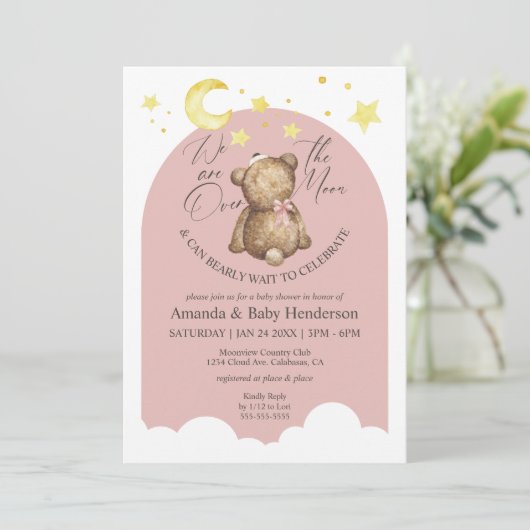 Over het Baby shower Moon Pink Girl Teddy Bear Kaart (Staand voorkant)