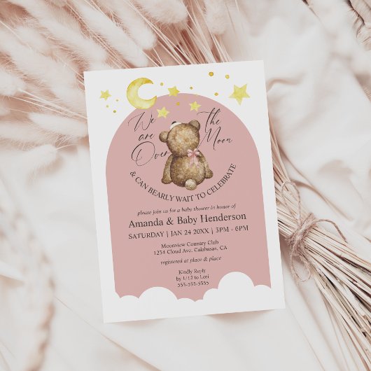 Over het Baby shower Moon Pink Girl Teddy Bear Kaart