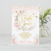 Over het Baby shower Moon Pink Gold Floral Stars Bedankkaart (Staand voorkant)