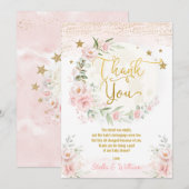 Over het Baby shower Moon Pink Gold Floral Stars Bedankkaart (Voorkant / Achterkant)