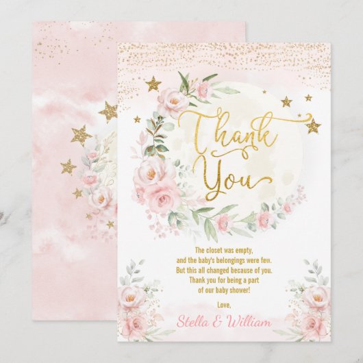 Over het Baby shower Moon Pink Gold Floral Stars Bedankkaart (Voorkant / Achterkant)
