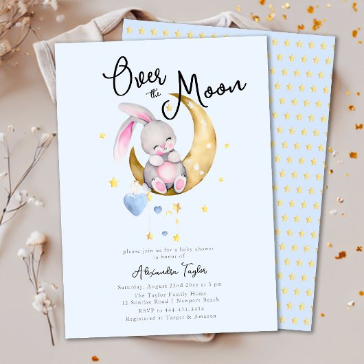 Over het Baby shower Moon Stars Rabbit Blue Boy Kaart