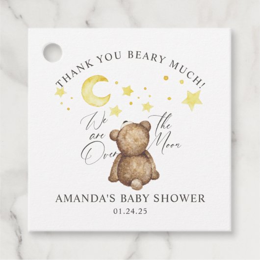 Over het Baby shower Moon Teddy Bear Bedankjes Labels (Voorkant)