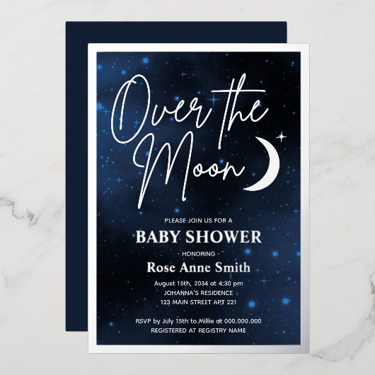 Over het Baby shower van de maan Echte Zilver Folie Uitnodiging (Voorkant / Achterkant)