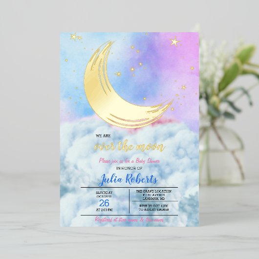 Over het Baby shower van de maan Folie Uitnodiging (Staand Voorkant)
