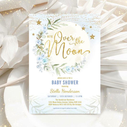 Over het Baby shower van de Moon Blue Floral Green Kaart