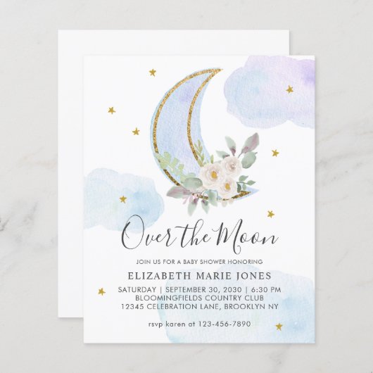 Over het Baby shower van de Moon Blue Gold Floral (Voorkant / Achterkant)