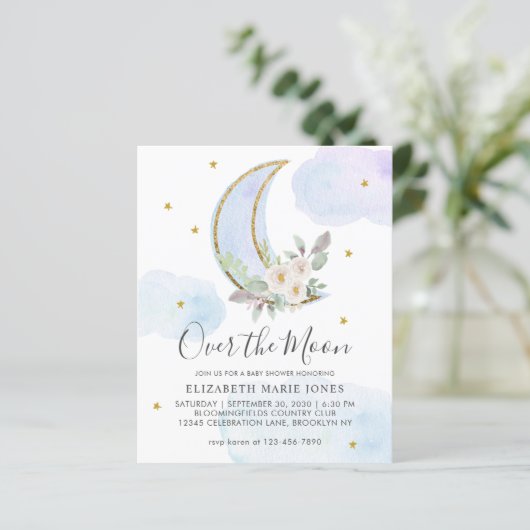 Over het Baby shower van de Moon Blue Gold Floral  (Staand voorkant)