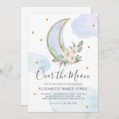 Over het Baby shower van de Moon Blue Gold Floral  Kaart (Voorkant / Achterkant)