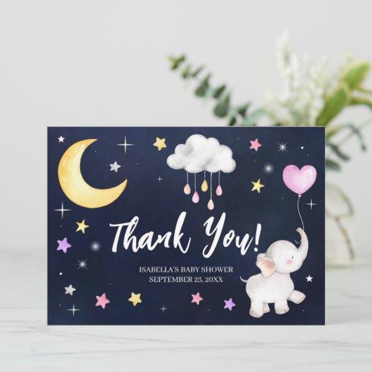 Over het Baby shower van de Moon Elephant Bedankkaart (Staand voorkant)
