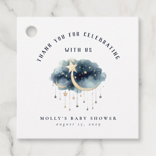 Over het Baby shower van de Moon Gold Stars Bedankjes Labels (Voorkant)