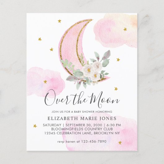 Over het Baby shower van de Moon Pink Gold Floral  (Voorkant)