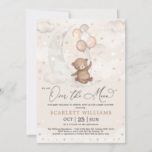 Over het Baby shower van de Moon Teddy Bear-ballon Kaart (Voorkant)