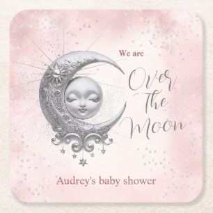 Over het Baby shower van het Moon Pink Girl Kartonnen Onderzetters