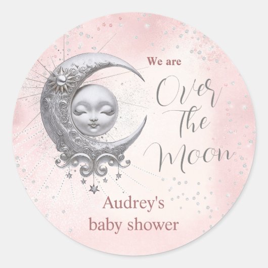 Over het Baby shower van het Moon Pink Girl Ronde Sticker (Voorkant)