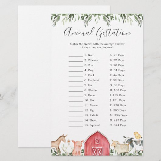 over het dierenspel bij het Baby shower van de Boe (Voorkant / Achterkant)