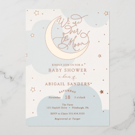 Over het Gold Moon Blue Baby shower Folie Uitnodiging (Voorkant)
