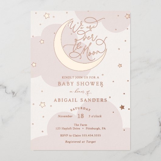 Over het Gold Moon Roze Baby shower Folie Uitnodiging (Voorkant)