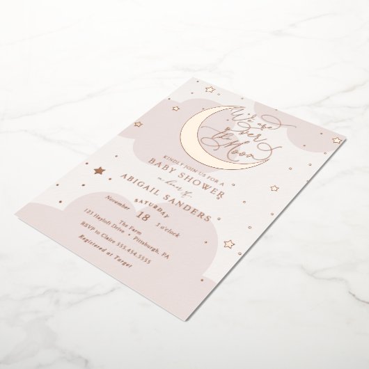 Over het Gold Moon Roze Baby shower Folie Uitnodiging (Gedraaid)
