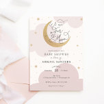 Over het Gold Moon Roze Baby shower Kaart<br><div class="desc">Baby shower-uitnodiging met roze waterverf wolken en gouden sterren met glittery moon en het leuke script "We zijn over de maan!" Pas het lettertype, de grootte en de kleur aan met uw informatie aan of klik op "klik om verder aan te passen" om het lettertype, de tekengrootte en de kleur...</div>