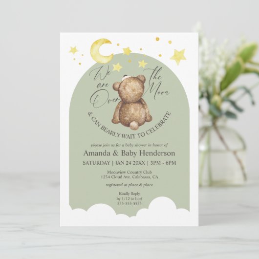 Over het groene Baby shower van de Moon Teddy Bear Kaart (Staand voorkant)