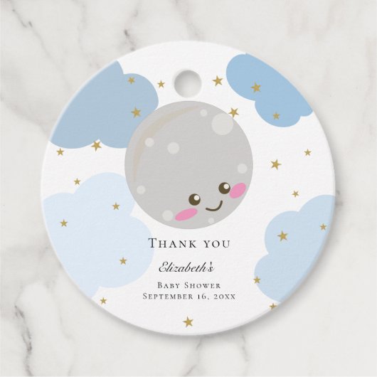 Over het Moon Baby shower Blue Cute Gold Kawaii Bedankjes Labels (Voorkant)