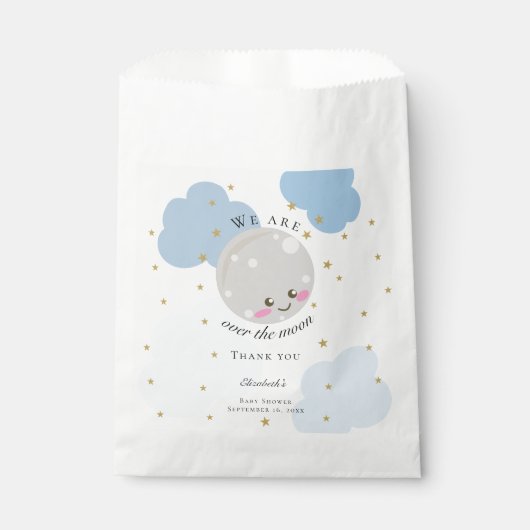 Over het Moon Baby shower Blue Cute Gold Kawaii Bedankzakje (Voorkant)