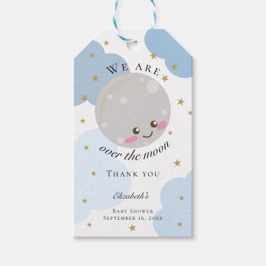Over het Moon Baby shower Blue Cute Gold Kawaii Cadeaulabel (Voorkant)